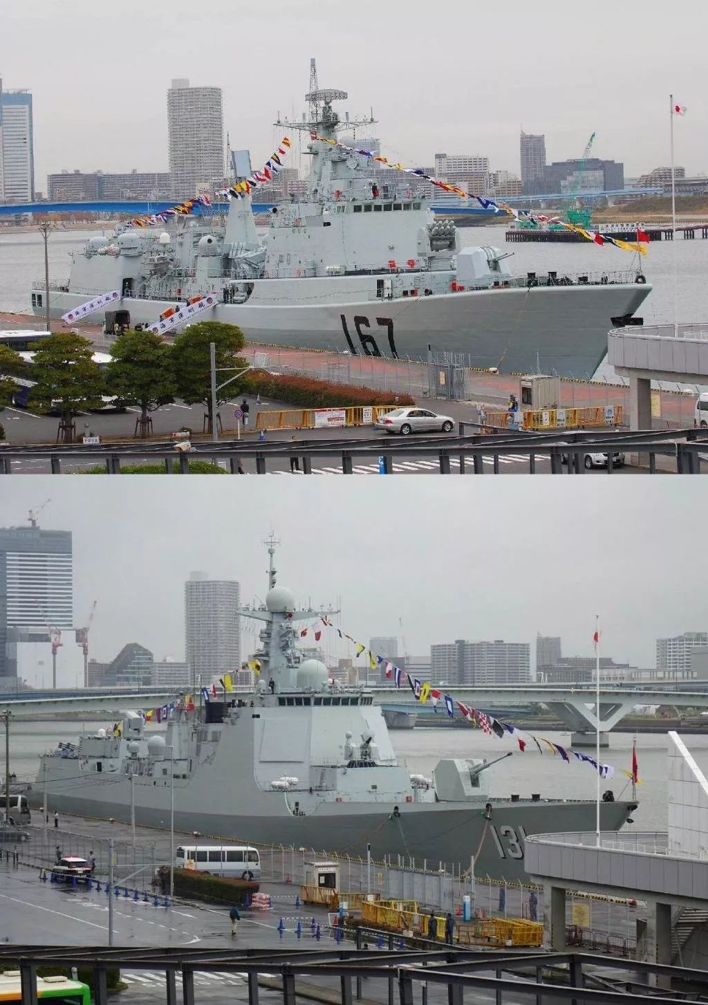 2007年11月28日抵达东京晴海码头的深圳舰（上）和2019年10月14日抵达晴海码头的太原舰（下）